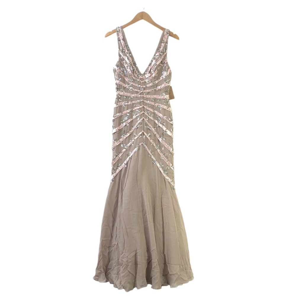 Mandalay Silk Taupe Pink Ribbon Silver Sequin Beaded Mermaid Ruffle Maxi Dress